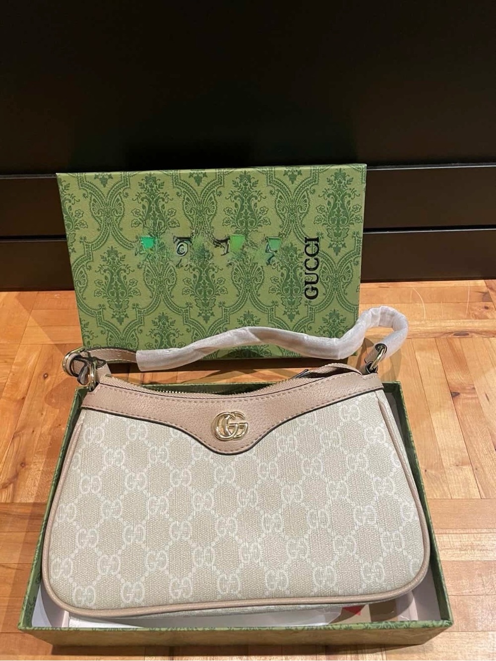 Gucci Cream/Beige GG Canvas Shoulder Bag with Gold Hardware